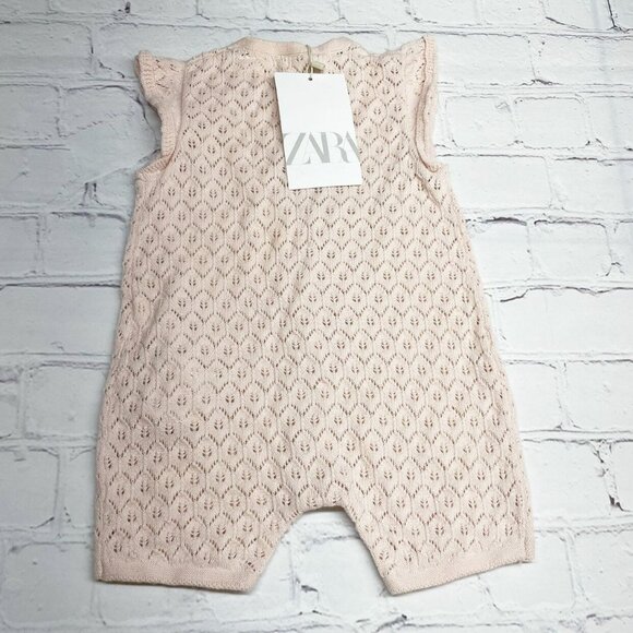 NEW Zara Cotton Pointelle Knit Romper Size 3-6 mos *TINY FLAW* Pastel Pink Beige - Picture 6 of 7